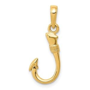14K Yellow Gold 3D Fish Hook Necklace Charm Pendant
